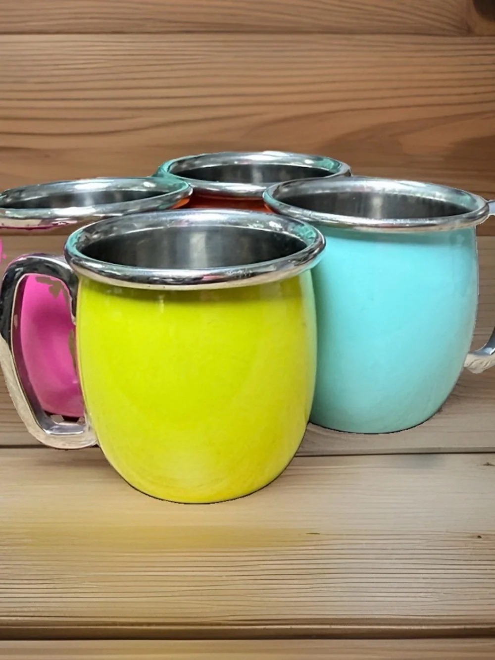 Vintage Pier 1 Bright Enamel Espresso Cups Set - Yellow, Orange, Pink, Aqua